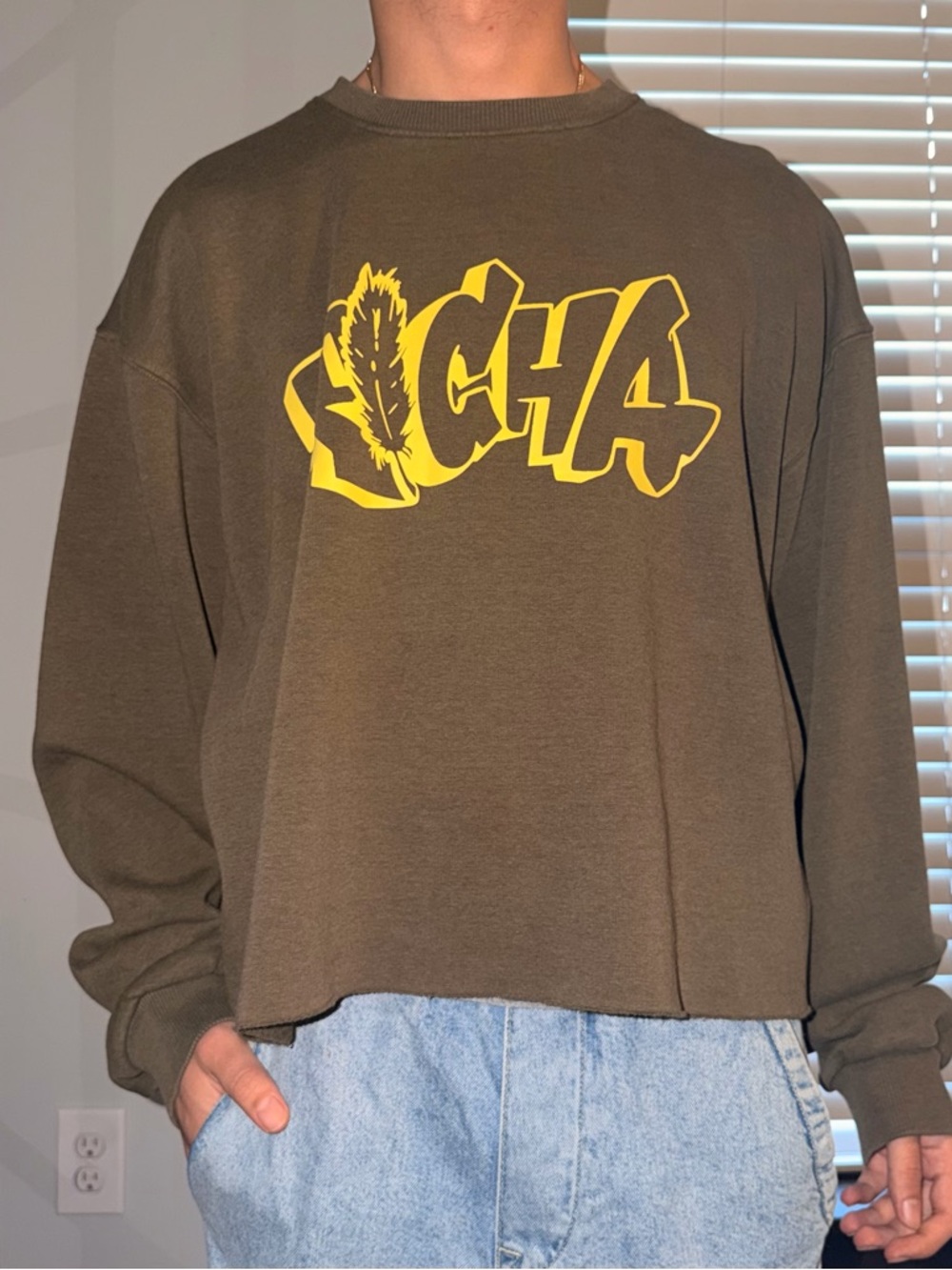 Olive Green Cropped Sweatshirt with Yellow Graphic